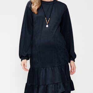 Maternity Navy Long Sleeve Velvet Princess Midi Ruffle Dress